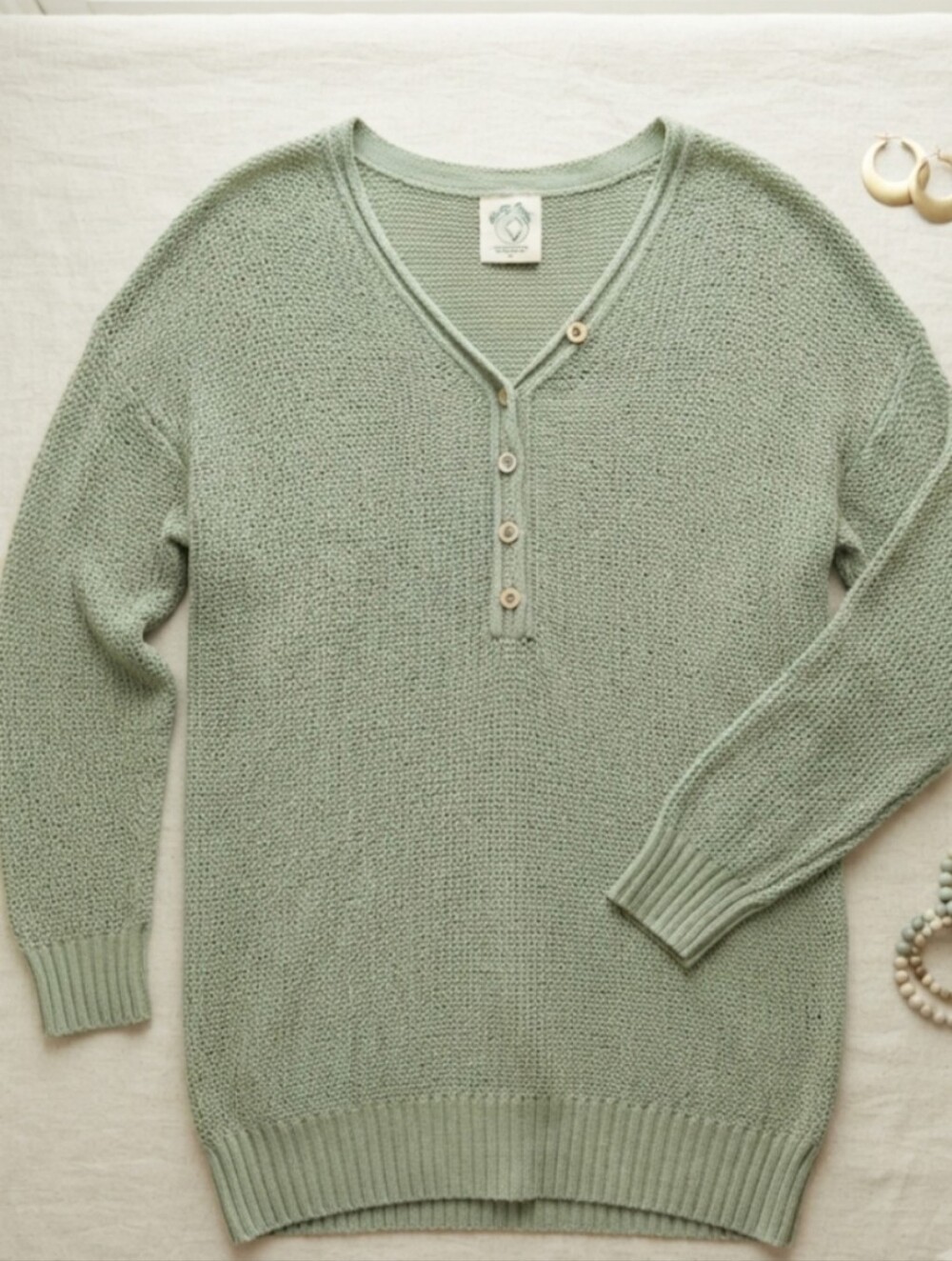 We The Free Mint Green V-Neck Knit Henley Sweater
